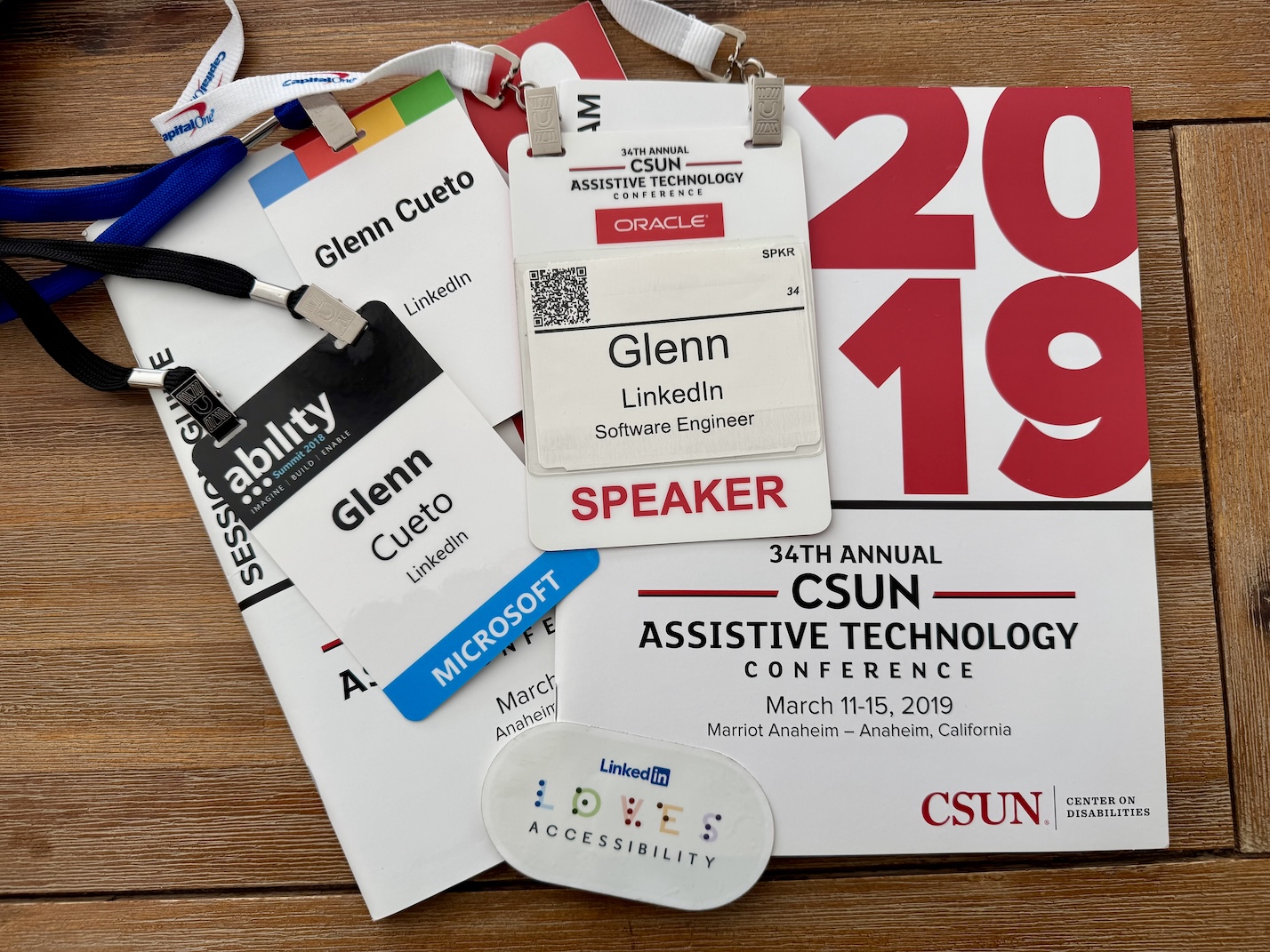 Conference speaker badges from CSUN 2019 accessibility conference